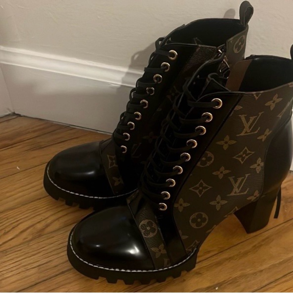 Louis Vuitton Monogram Black and Brown Lace-Up Boots - Picture 2 of 4